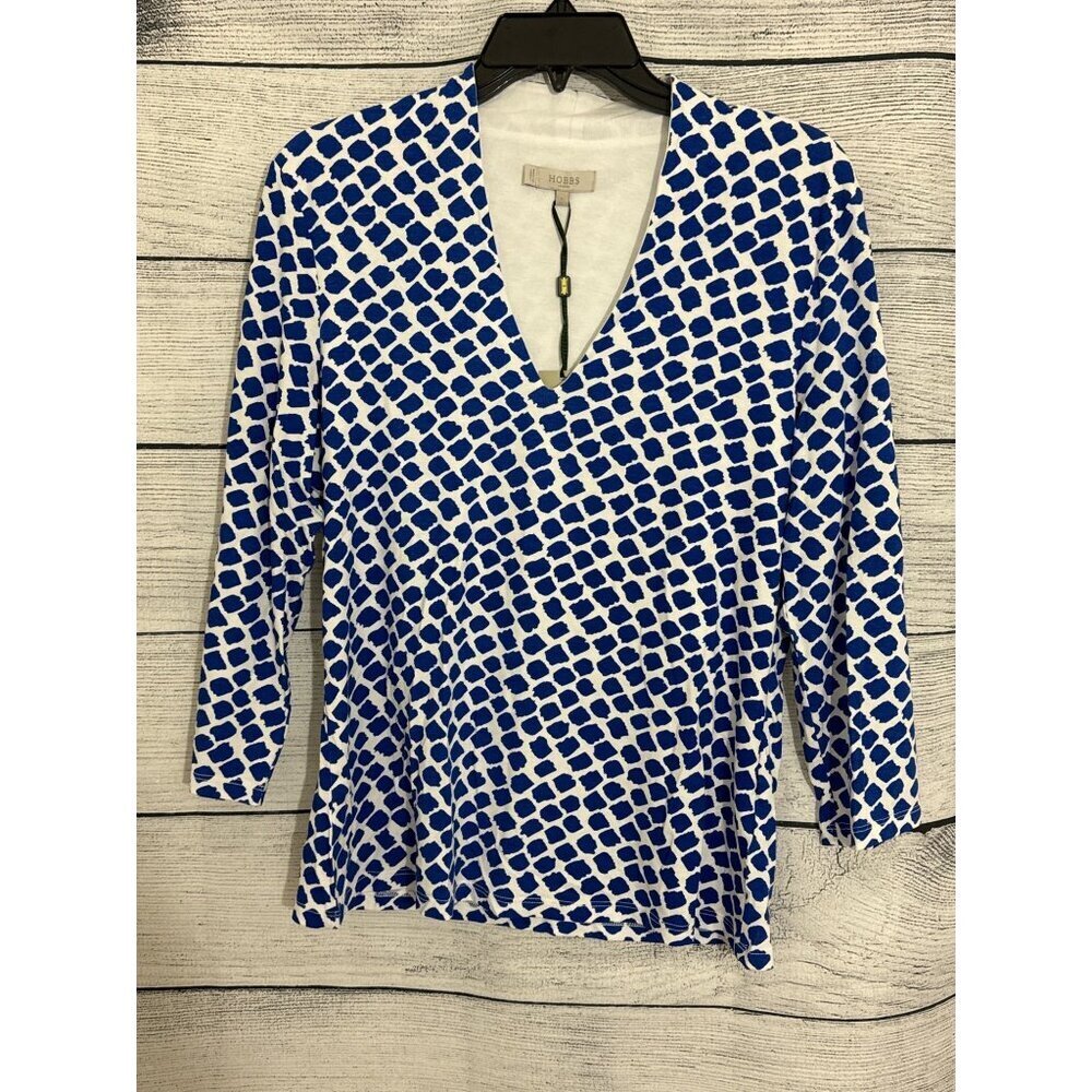 NWT Hobbs London V-Neck Blue & White Geometric Pattern Top Size L